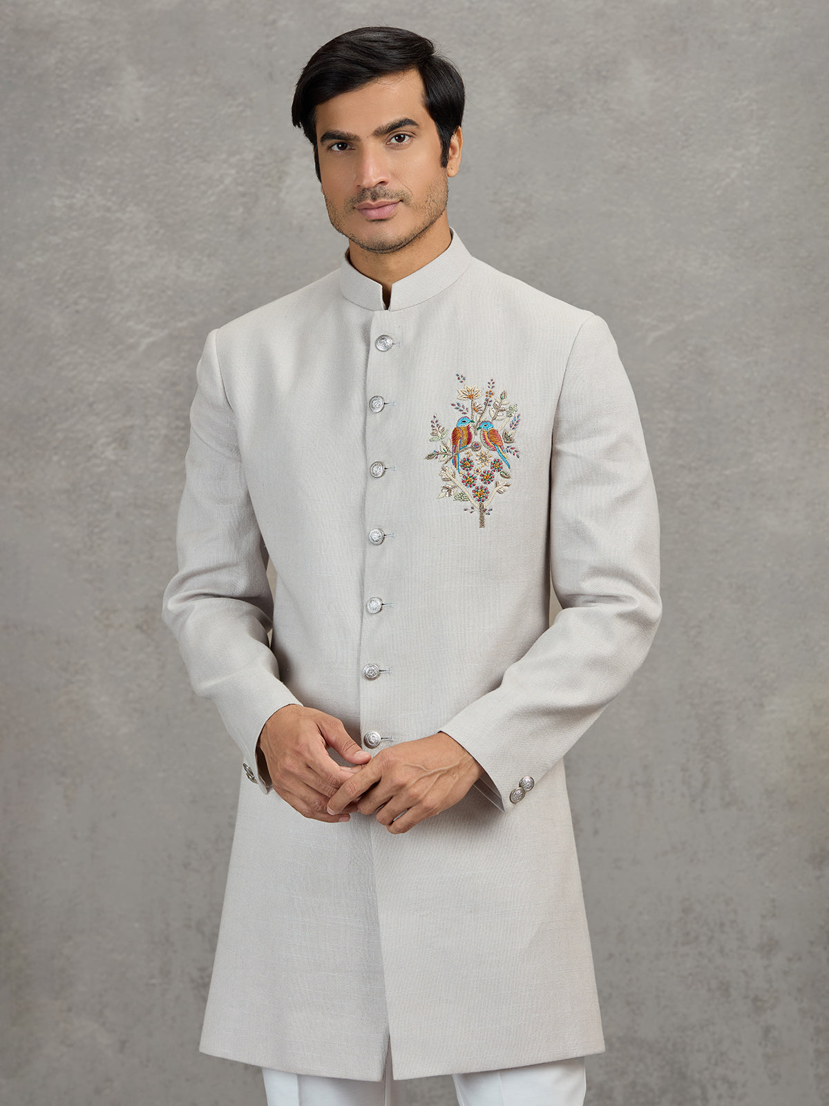Beige matka silk indowestern set for reception wear