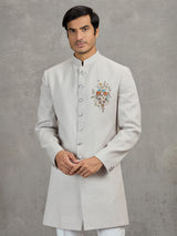 Beige matka silk indowestern set for reception wear
