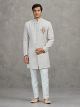 Beige matka silk indowestern set for reception wear