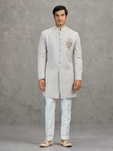 Beige matka silk indowestern set for reception wear