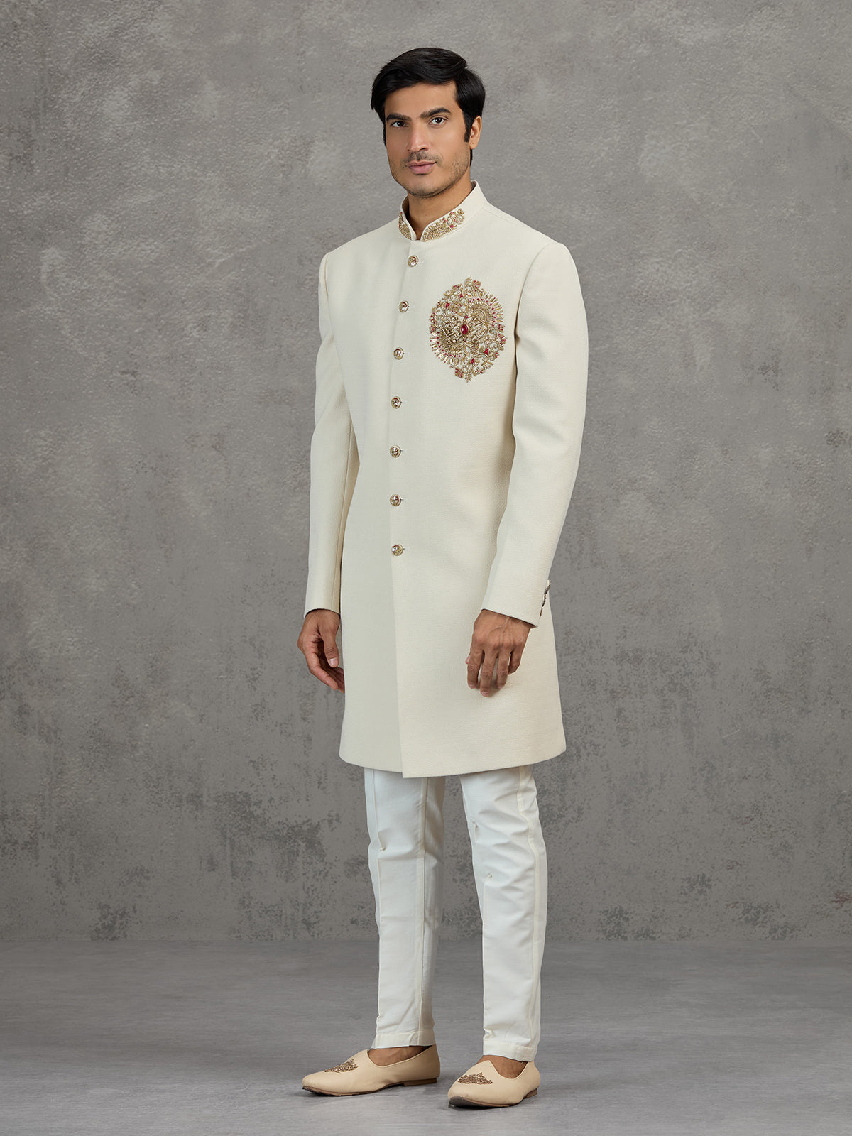 Cream linen viscose indowestern set for wedding celebrations