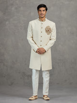 Cream linen viscose indowestern set for wedding celebrations