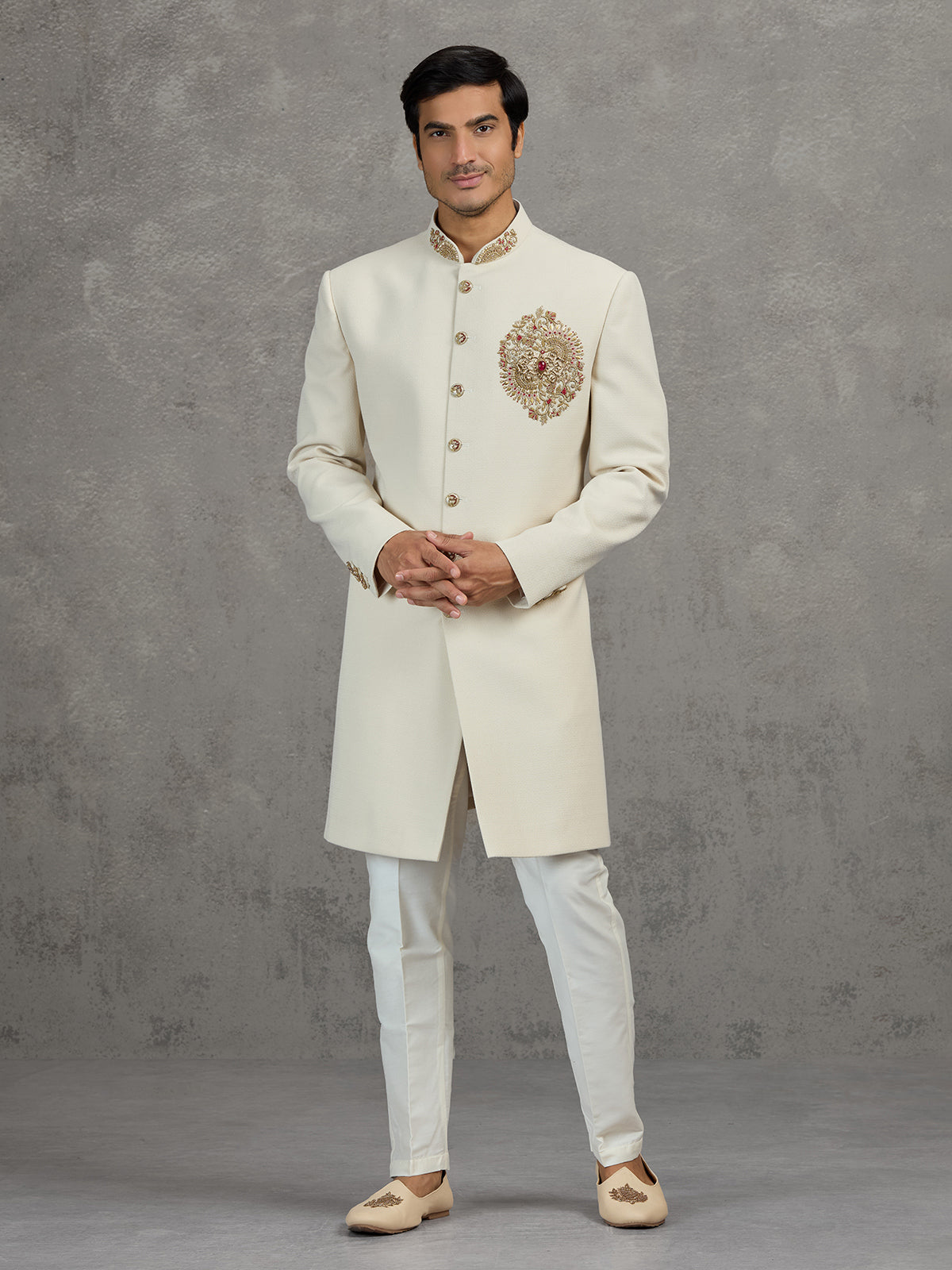 Cream linen viscose indowestern set for wedding celebrations