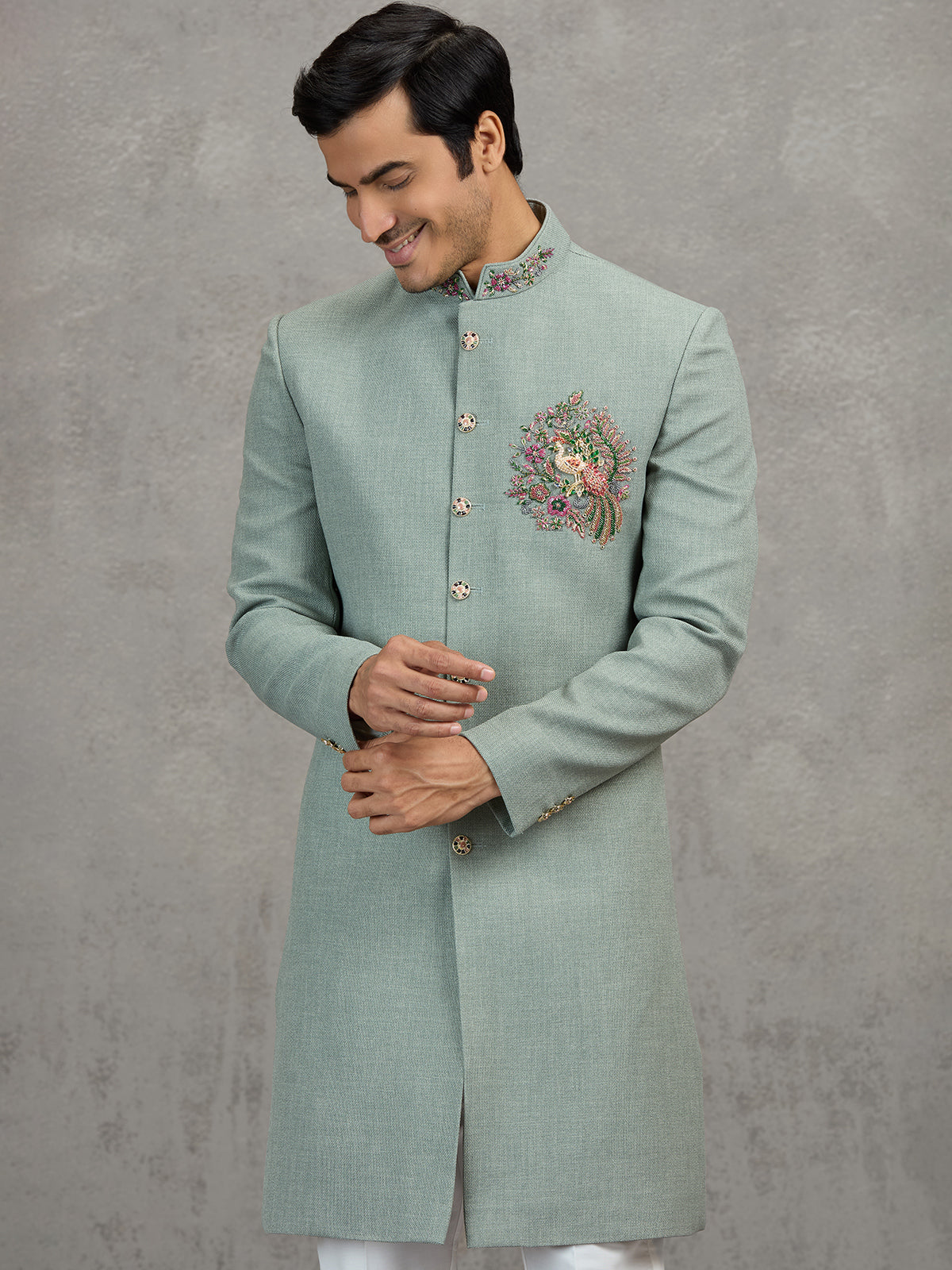 Sage green jute wedding indowestern set