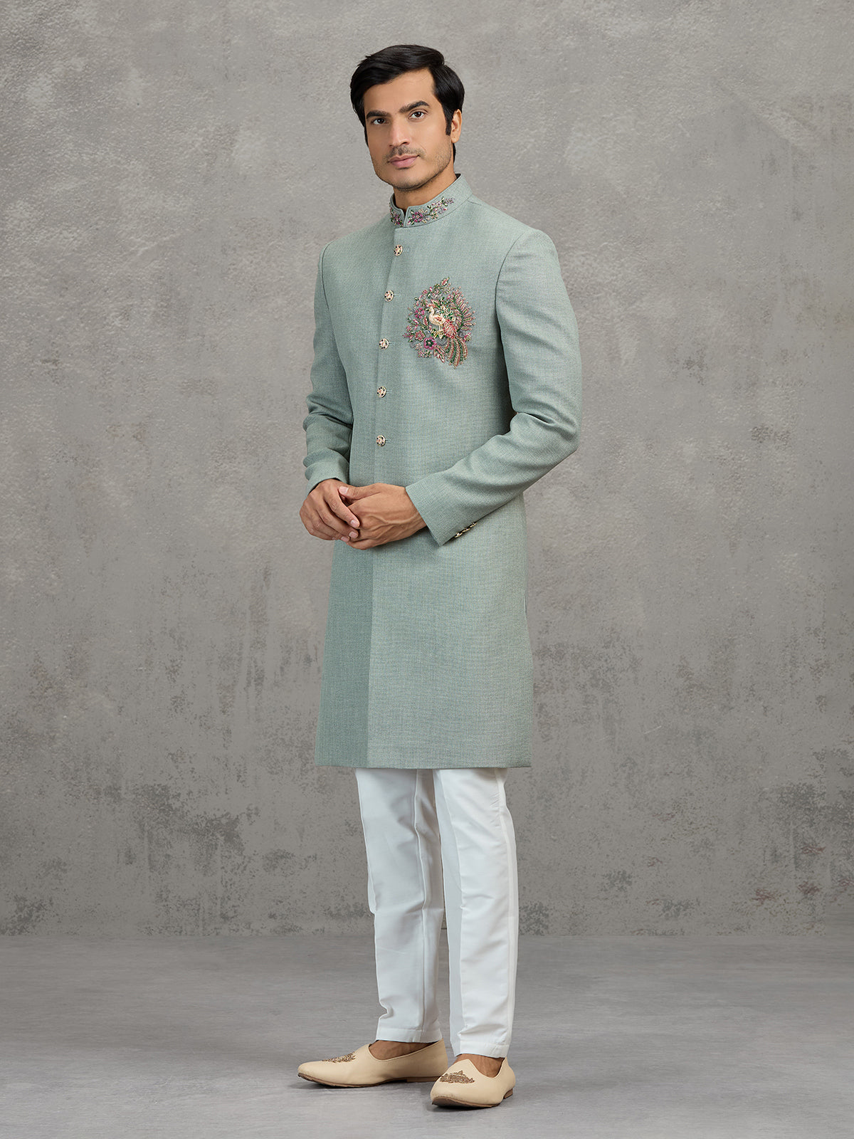 Sage green jute wedding indowestern set