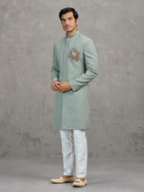 Sage green jute wedding indowestern set