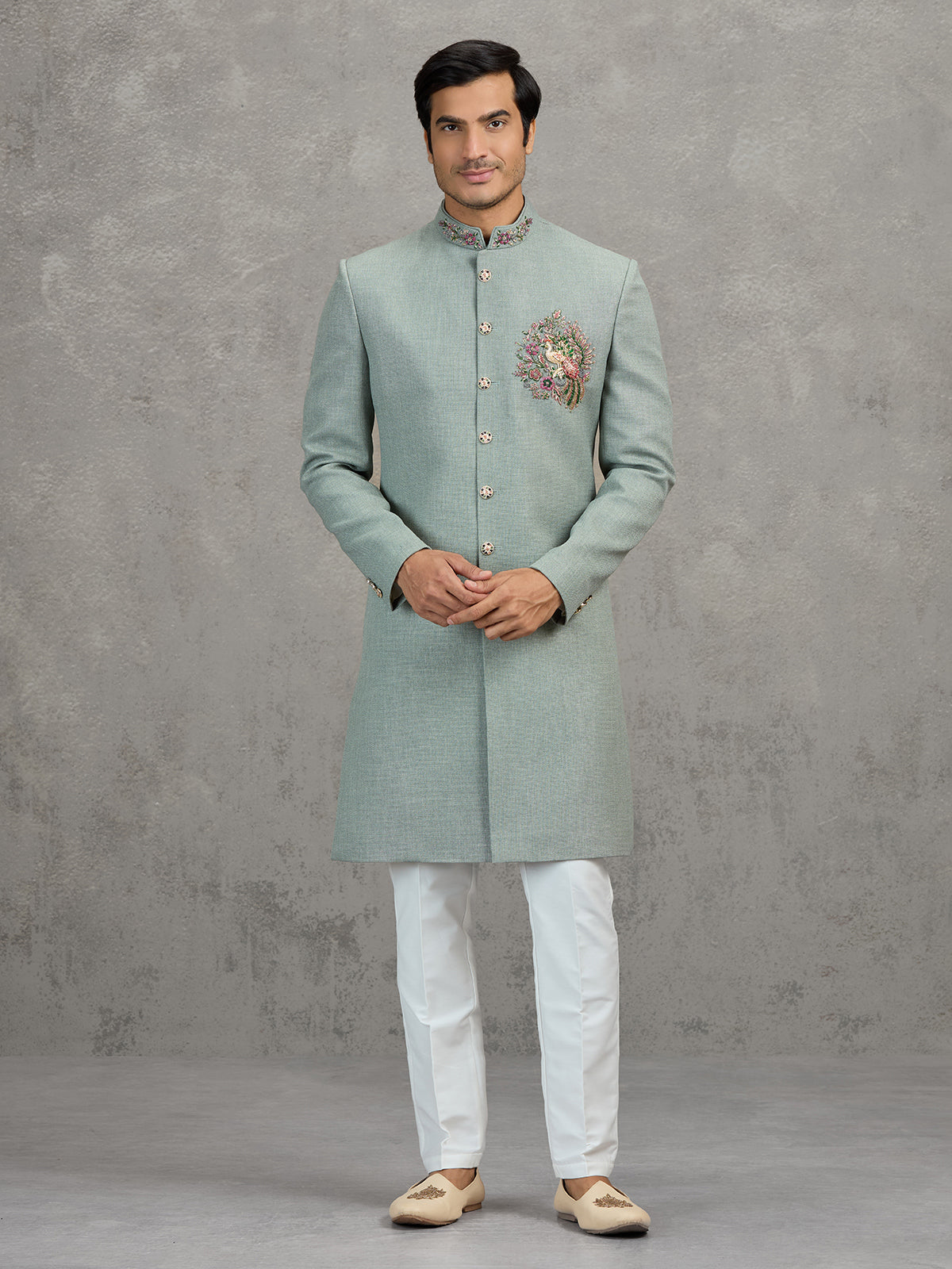 Sage green jute wedding indowestern set