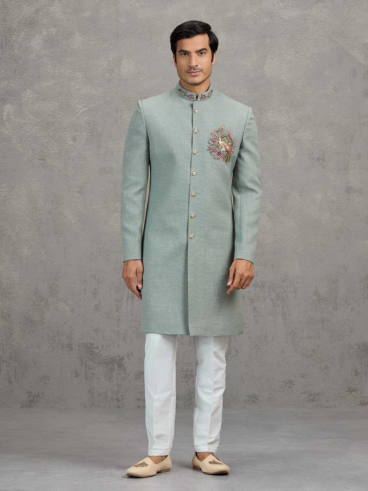Sage green jute wedding indowestern set