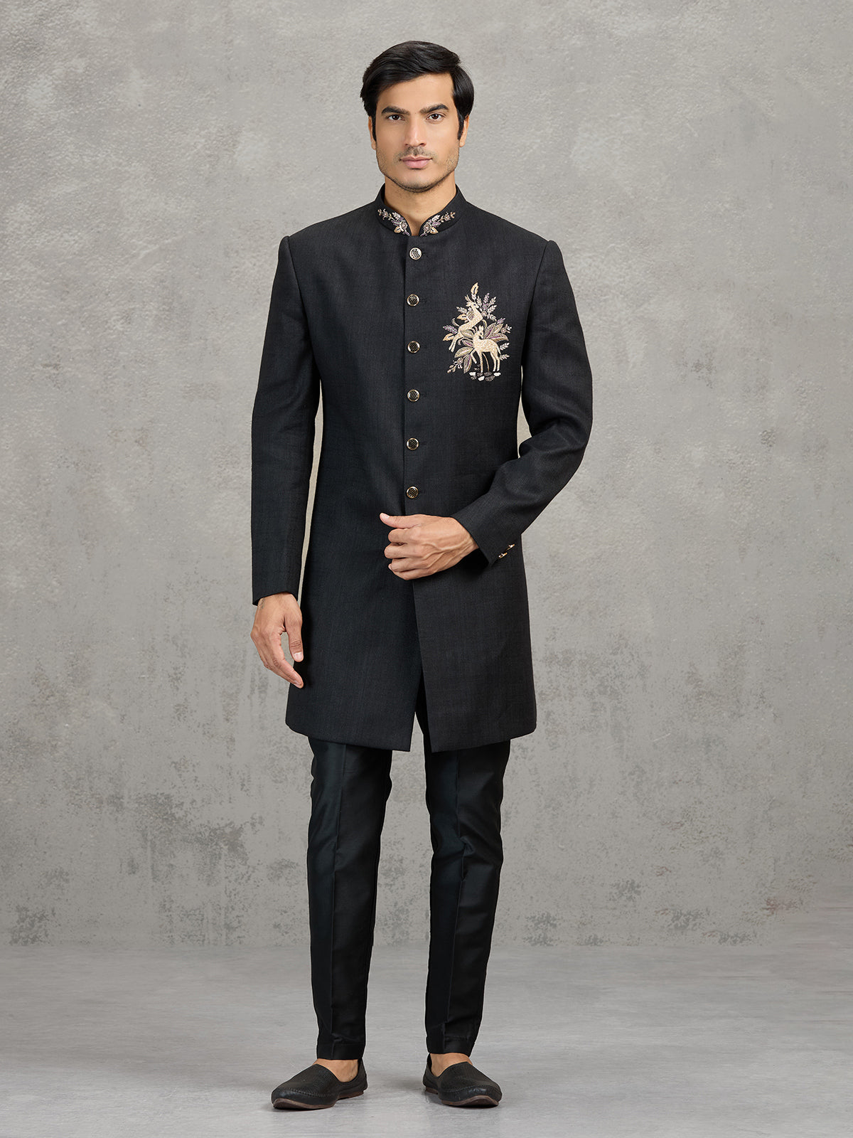 Black linen viscose wedding indowestern set with detailed crest work
