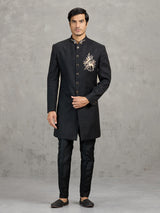 Black linen viscose wedding indowestern set with detailed crest work