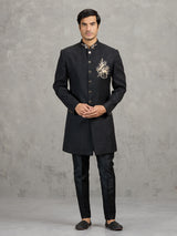 Black linen viscose wedding indowestern set with detailed crest work