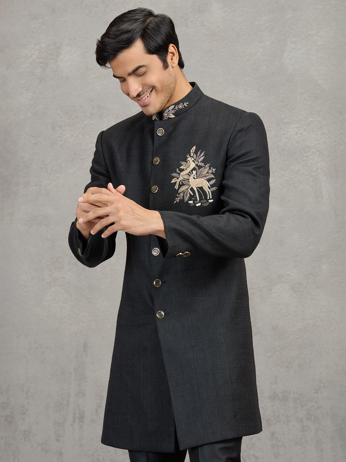 Black linen viscose wedding indowestern set with detailed crest work