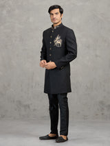 Black linen viscose wedding indowestern set with detailed crest work