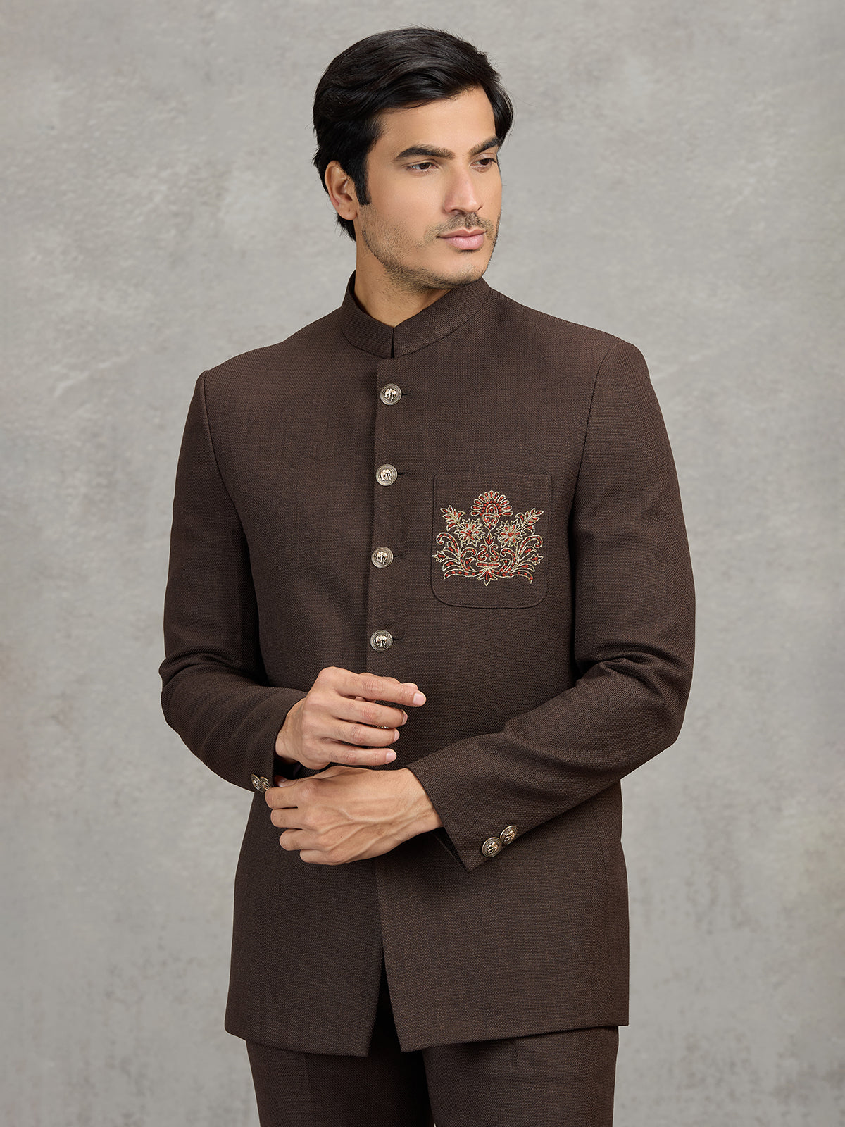 Brown terry rayon jodhpuri suit for wedding wear