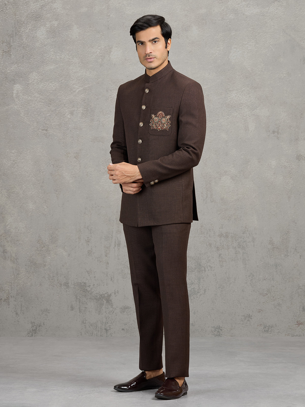 Brown terry rayon jodhpuri suit for wedding wear