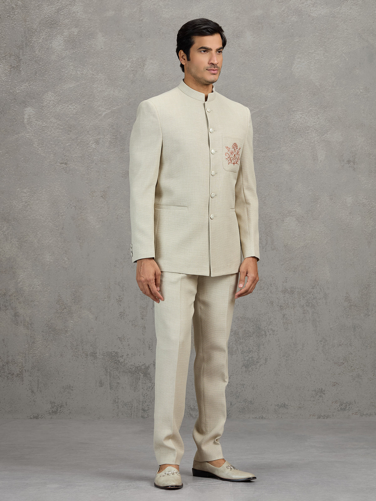 Cream terry rayon jodhpuri suit for wedding wear