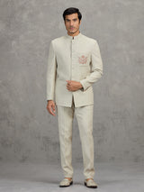 Cream terry rayon jodhpuri suit for wedding wear