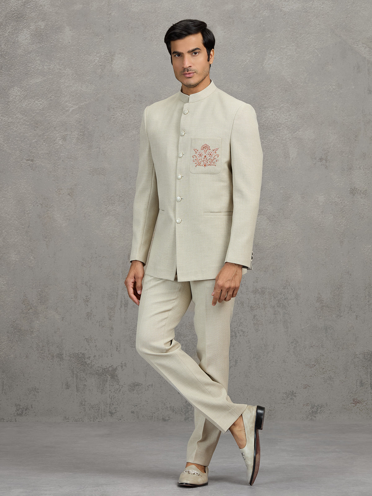 Cream terry rayon jodhpuri suit for wedding wear