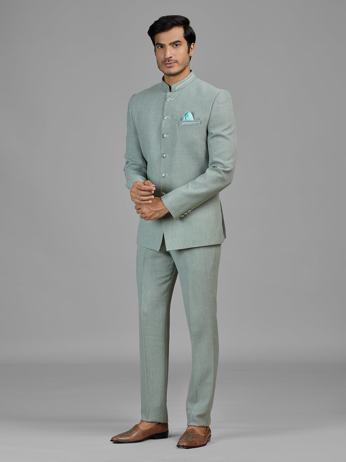 Pista green jute jodhpuri suit for men