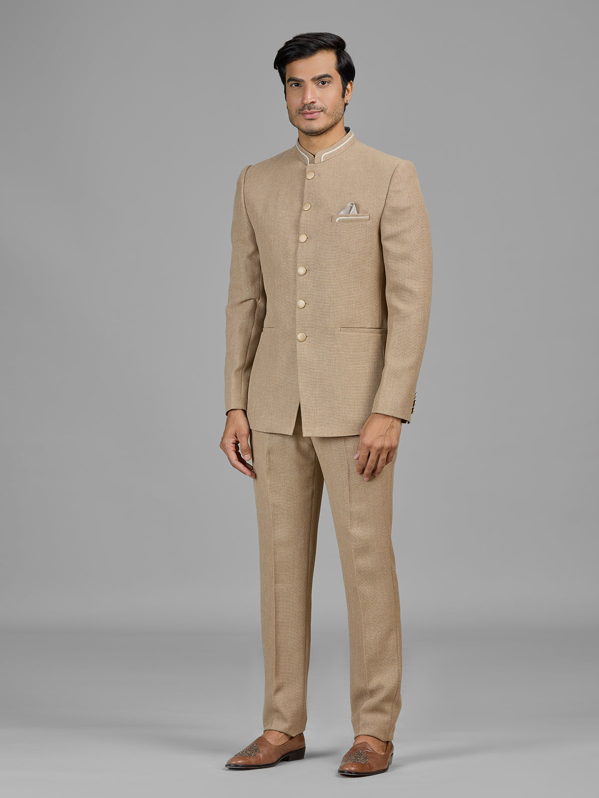 Dark beige jute jodhpuri suit for formal occasions