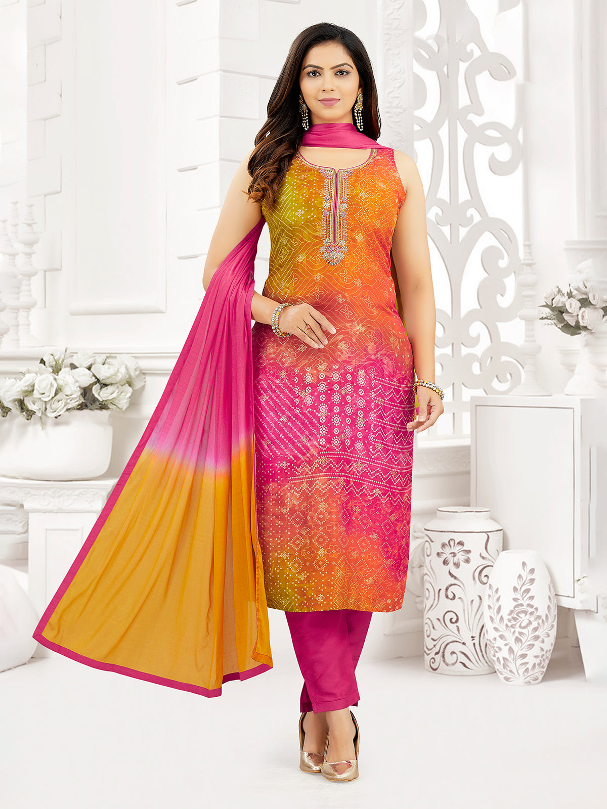 Multicolor bandhej silk designer festive salwar suit