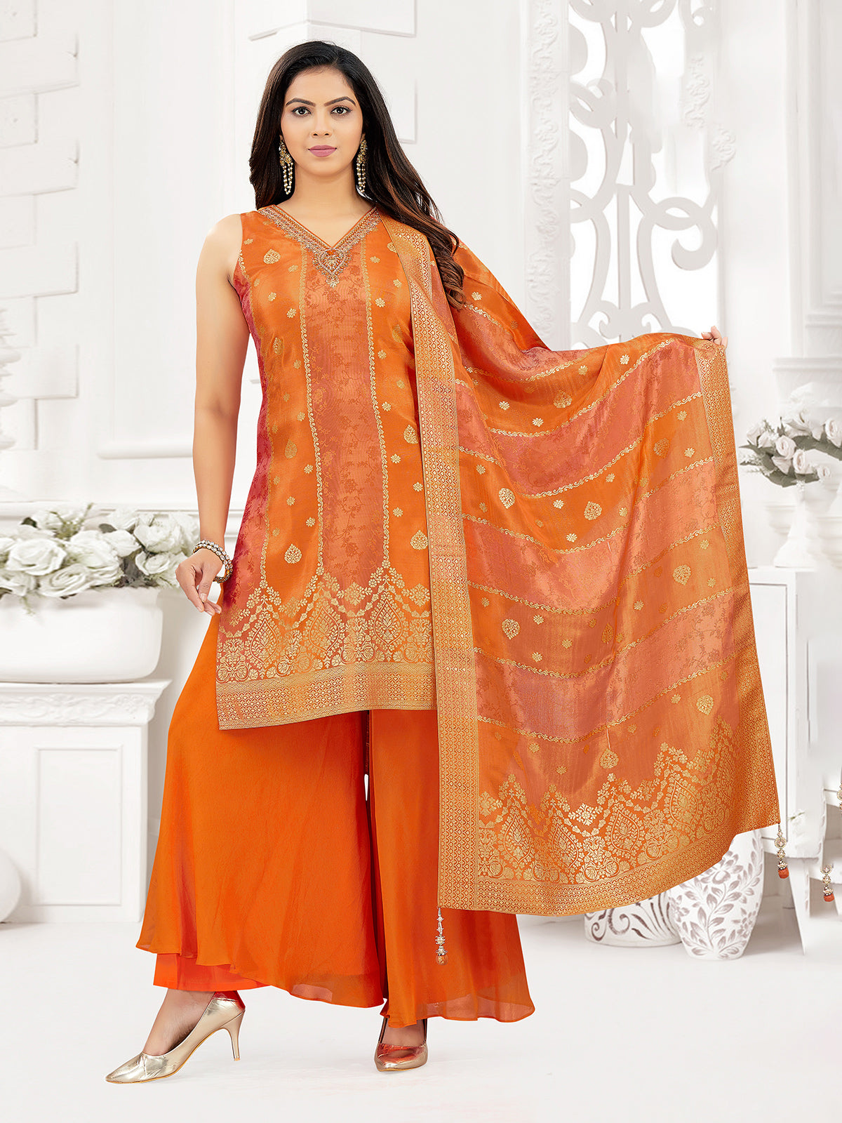 Rust orange silk pakistani style palazzo suit