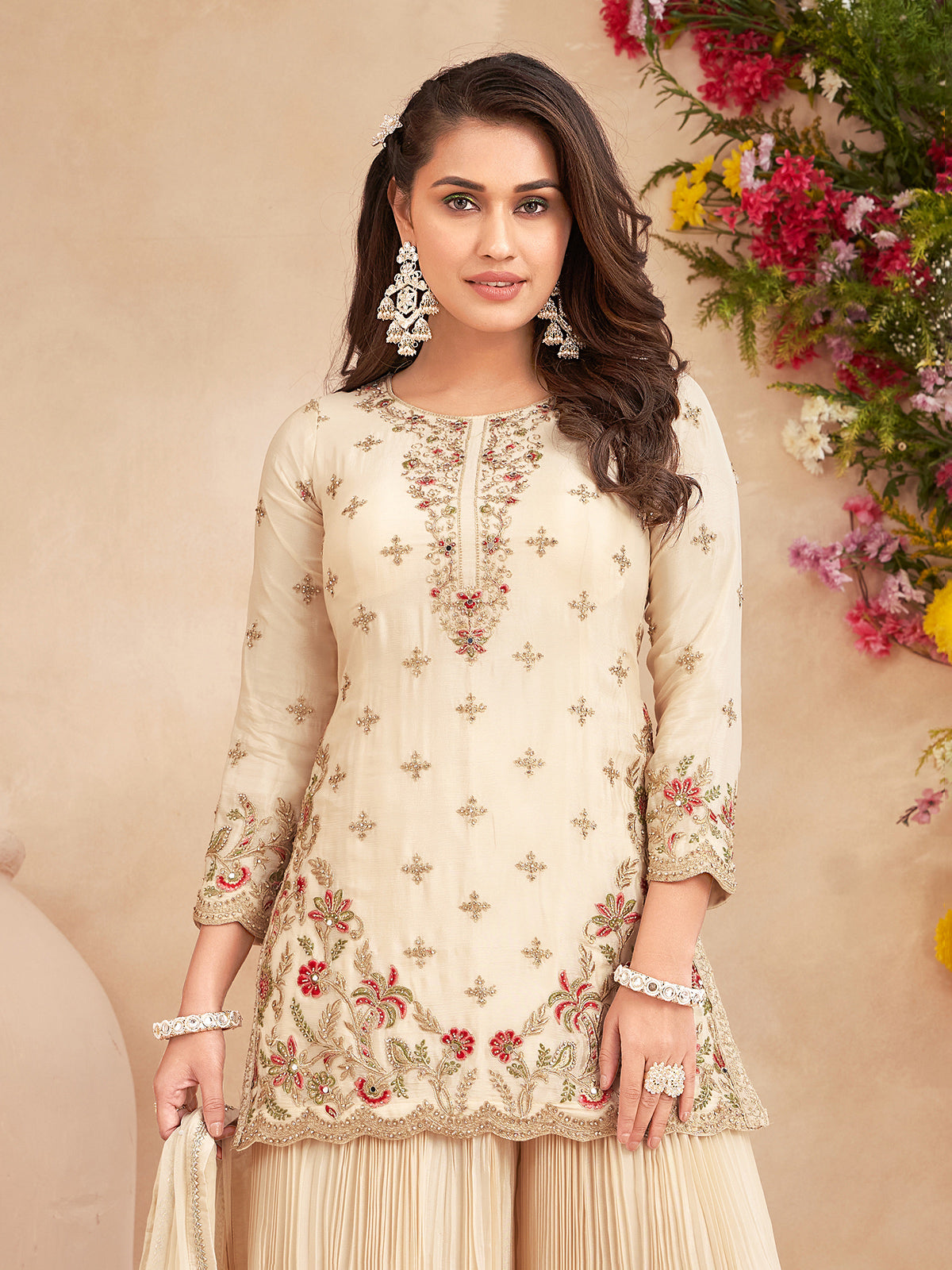 Cream chiffon silk embroidered palazzo festive suit
