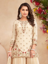 Cream chiffon silk embroidered palazzo festive suit