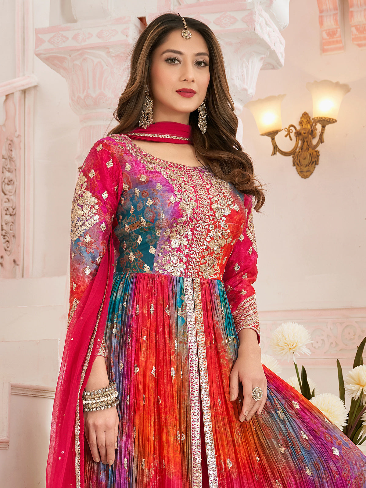 Multicolor silk anarkali printed festive wear suit