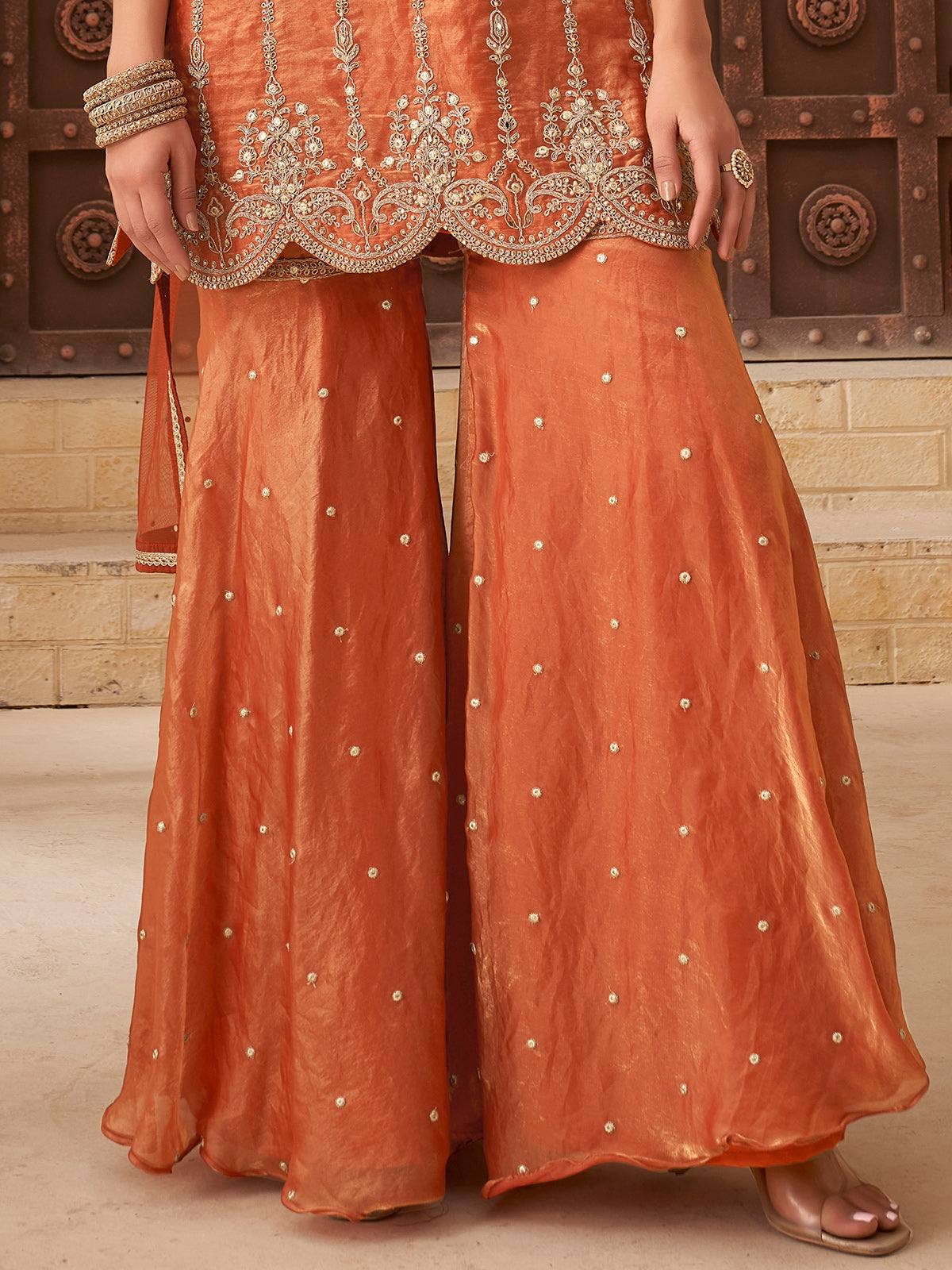 Rust orange organza tissue silk palazzo suit
