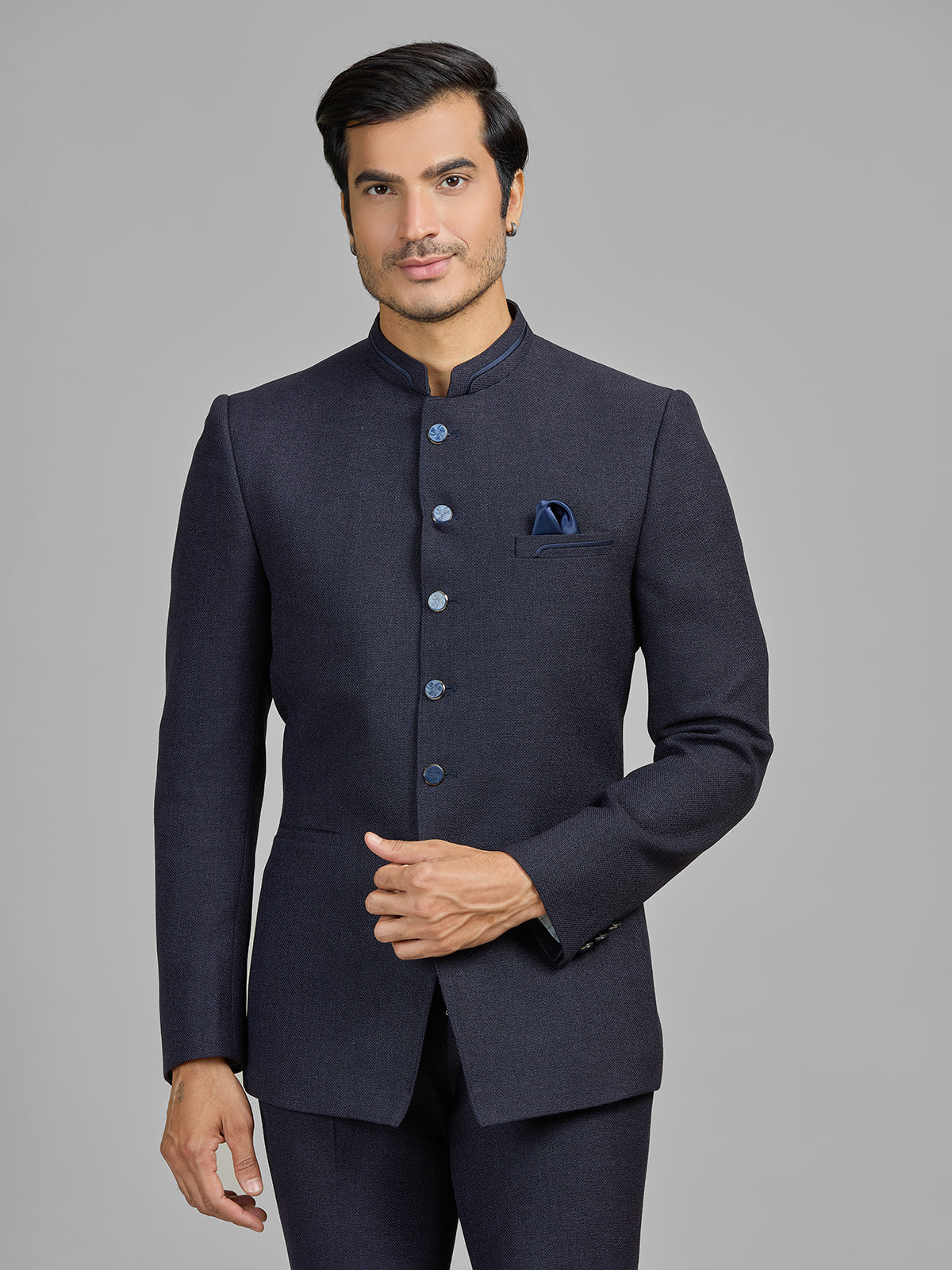 Navy party wear jute jodhpuri suit