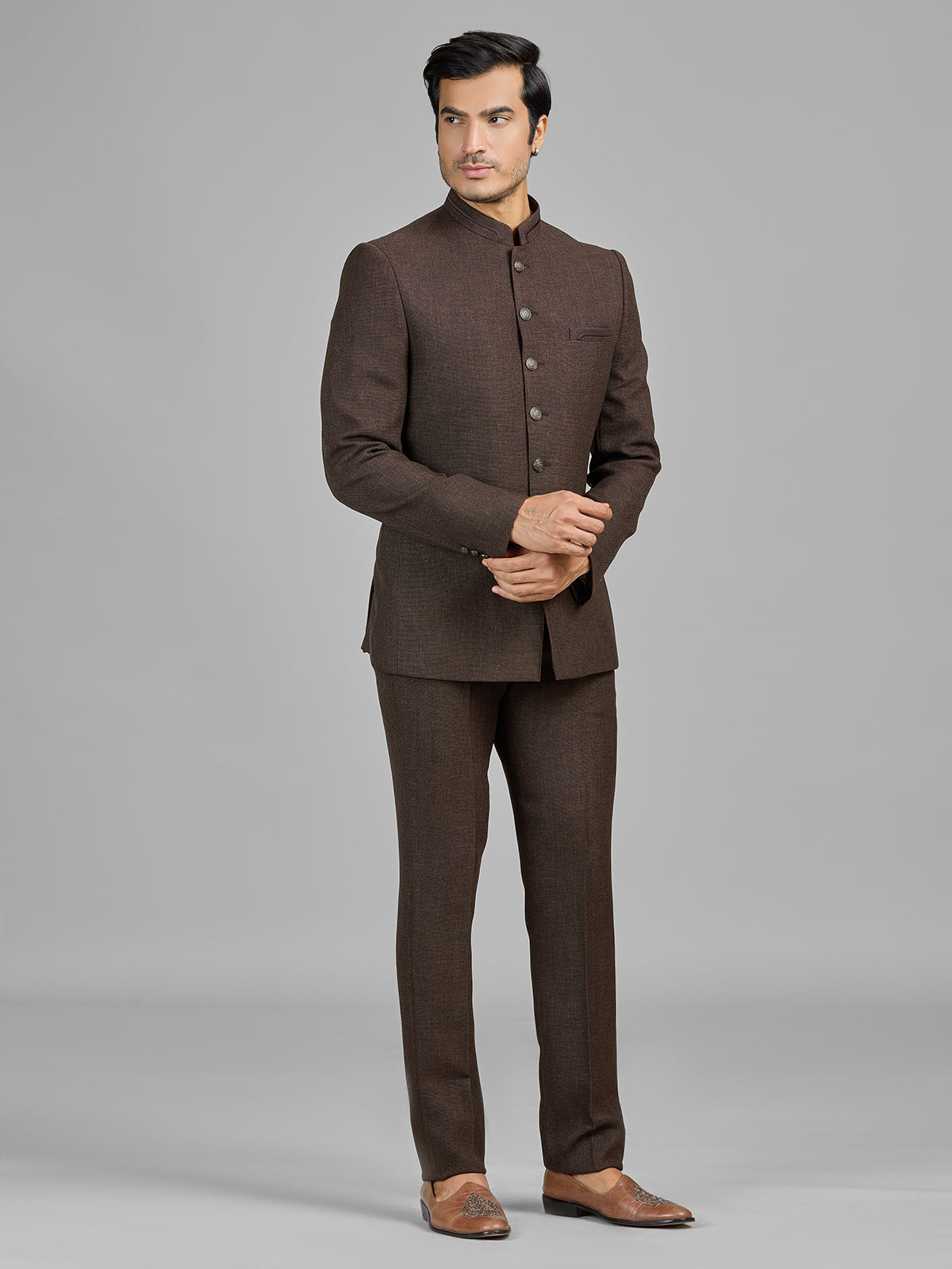 Brown jute jodhpuri suit for formal occasions