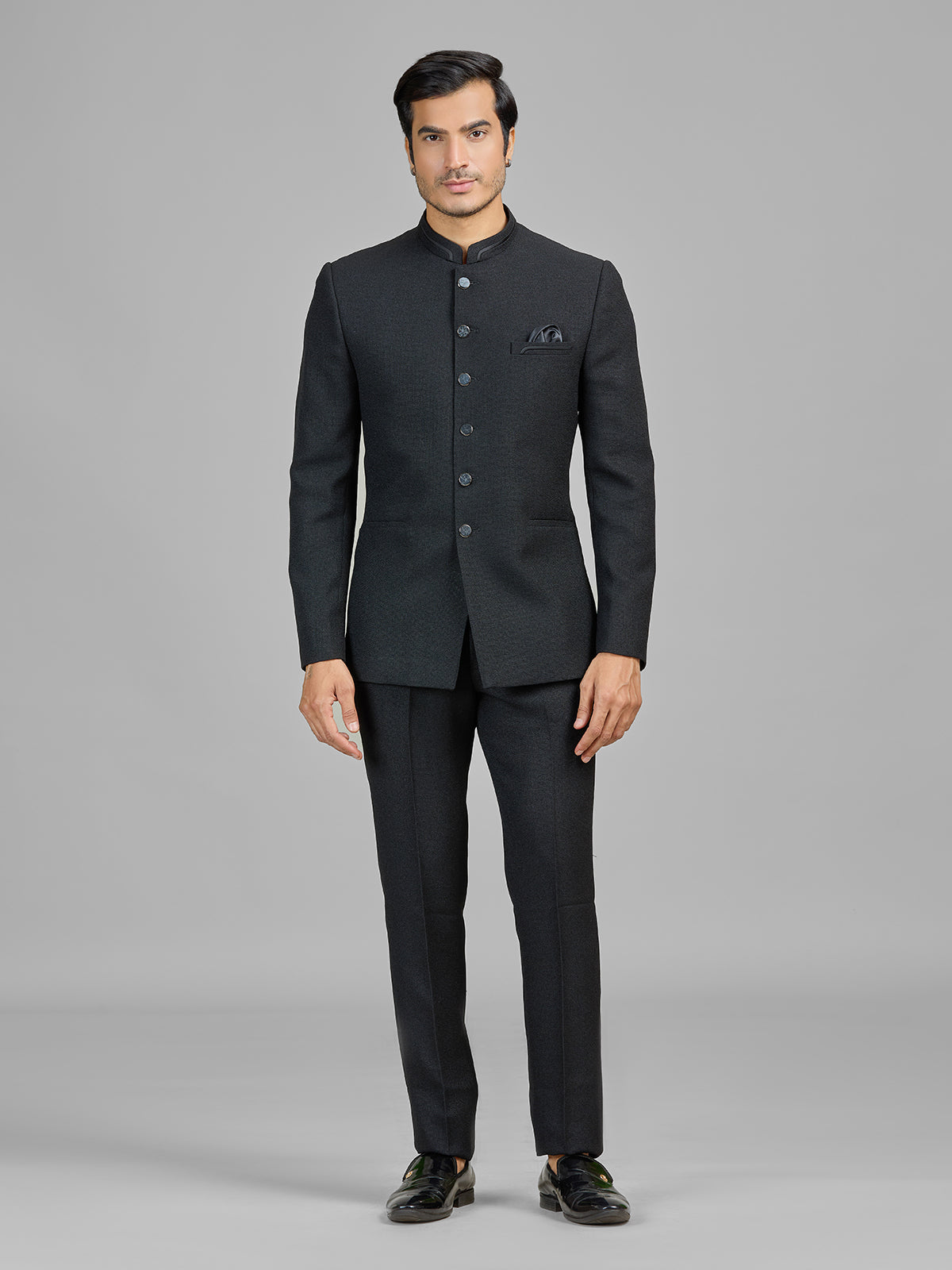 Black jute jodhpuri suit for evening events