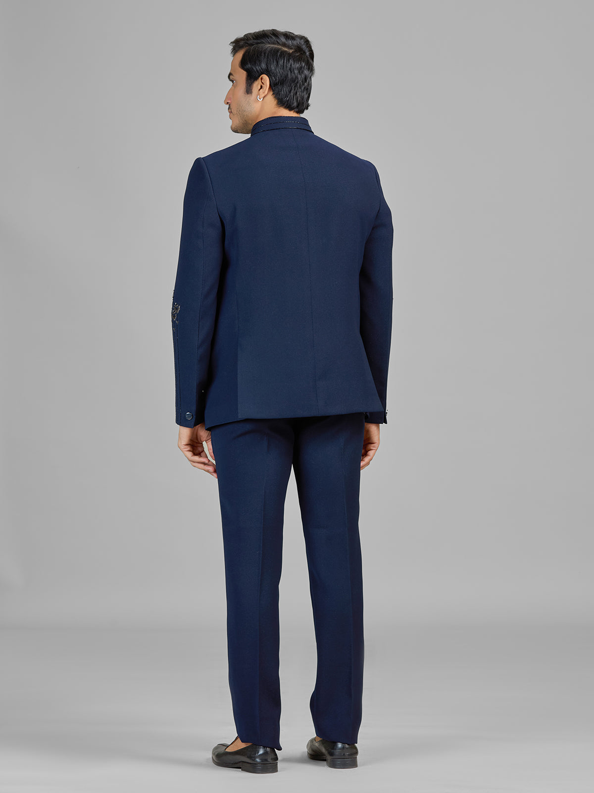 Navy terry rayon jodhpuri suit with cutdana detailing