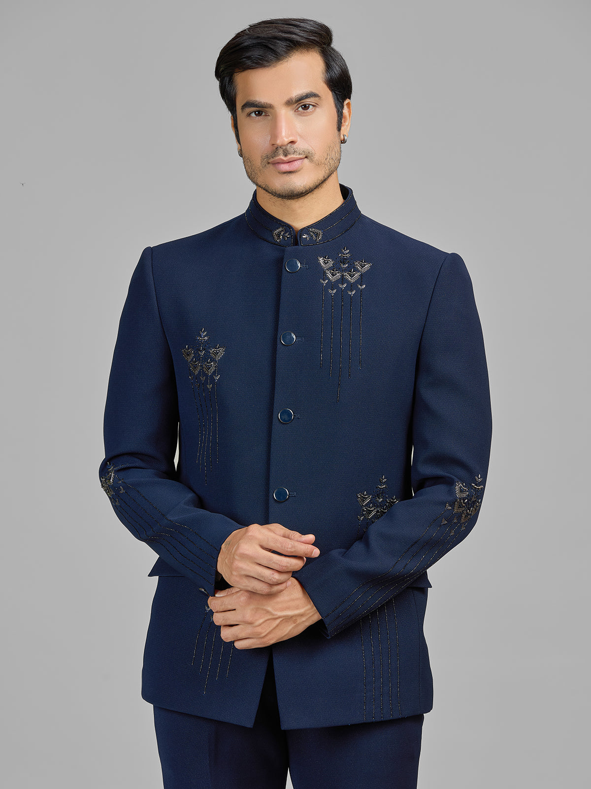 Navy terry rayon jodhpuri suit with cutdana detailing