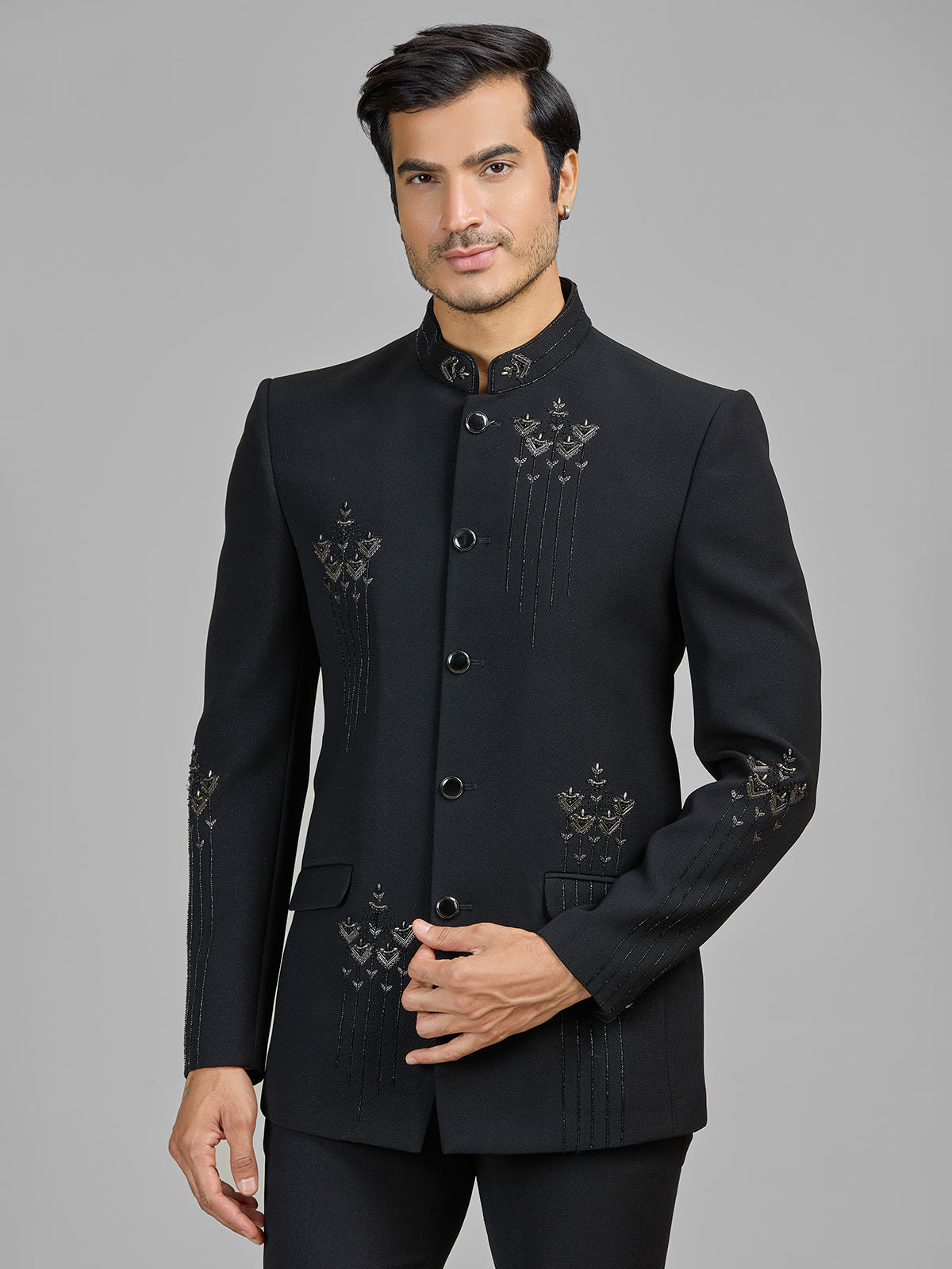Black terry rayon jodhpuri suit embellished with cutdana