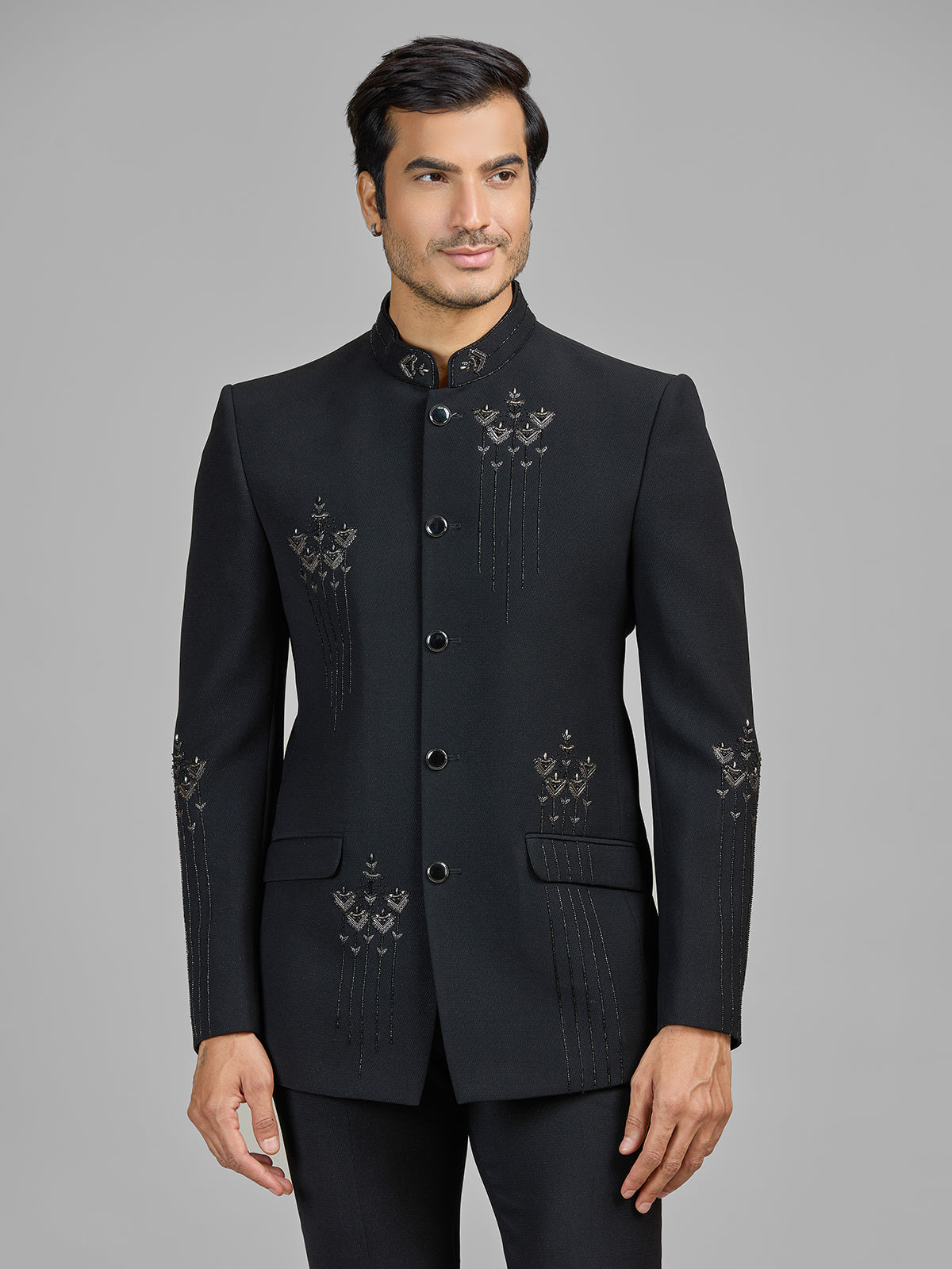 Black terry rayon jodhpuri suit embellished with cutdana