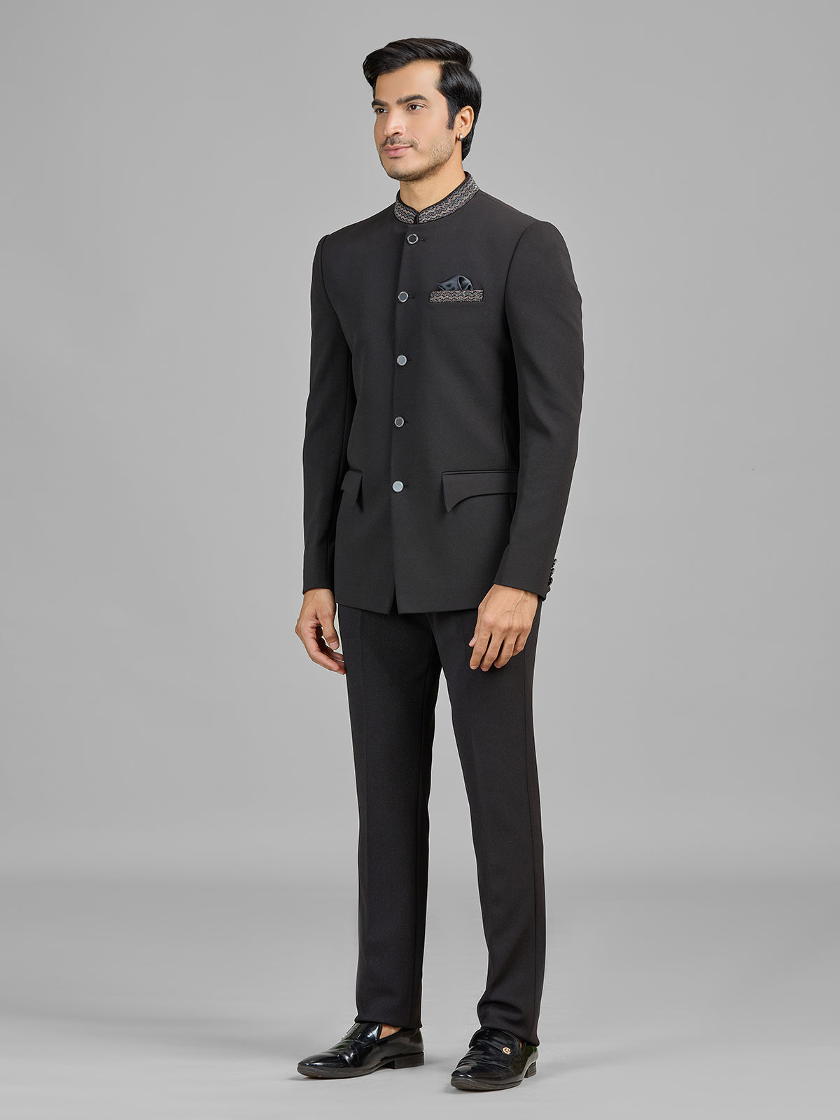 Black terry rayon jodhpuri suit for wedding celebration