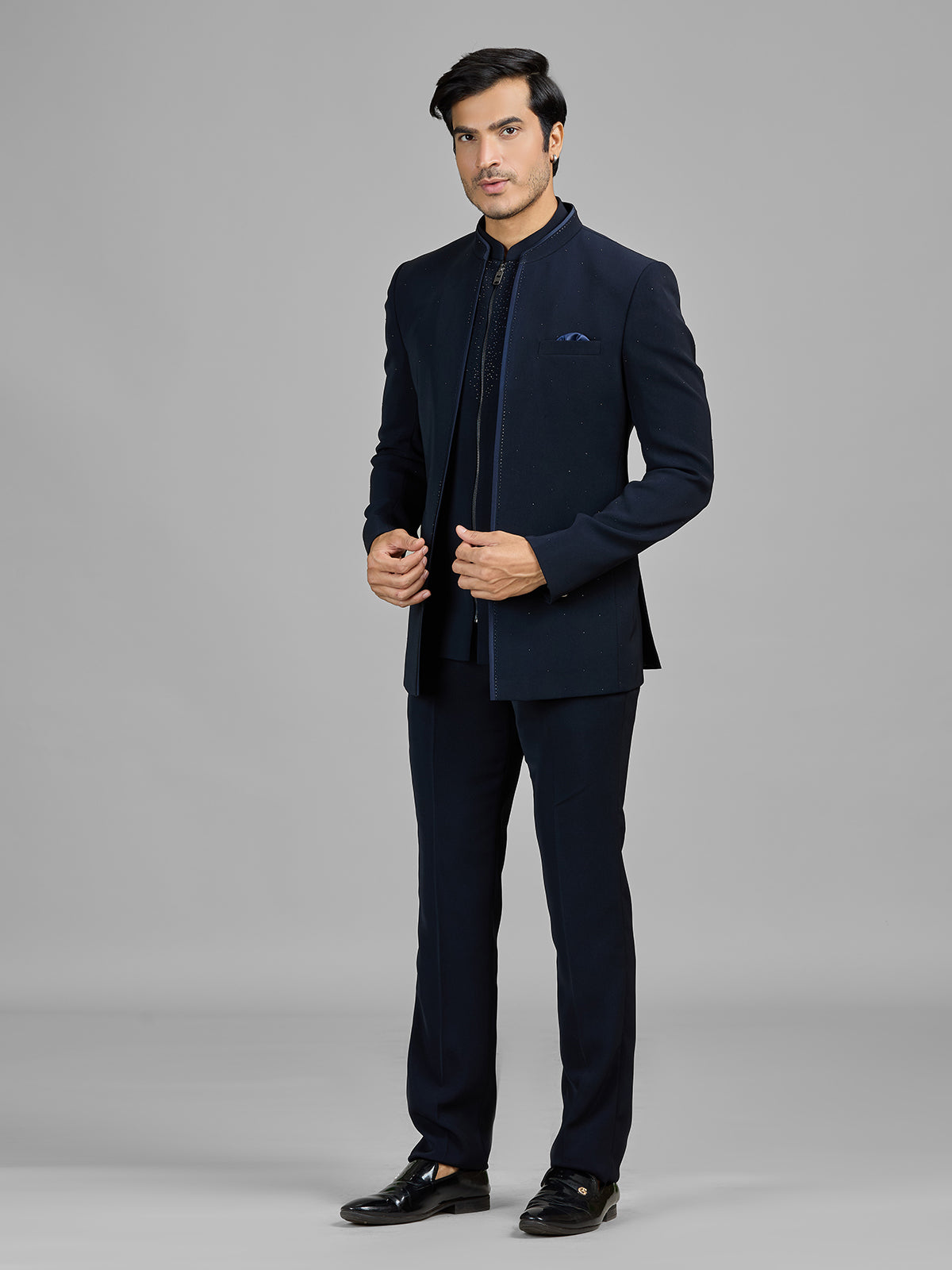 Navy jacket style jodhpuri suit in terry rayon