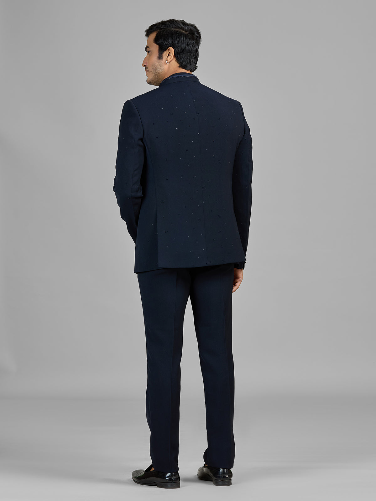 Navy jacket style jodhpuri suit in terry rayon