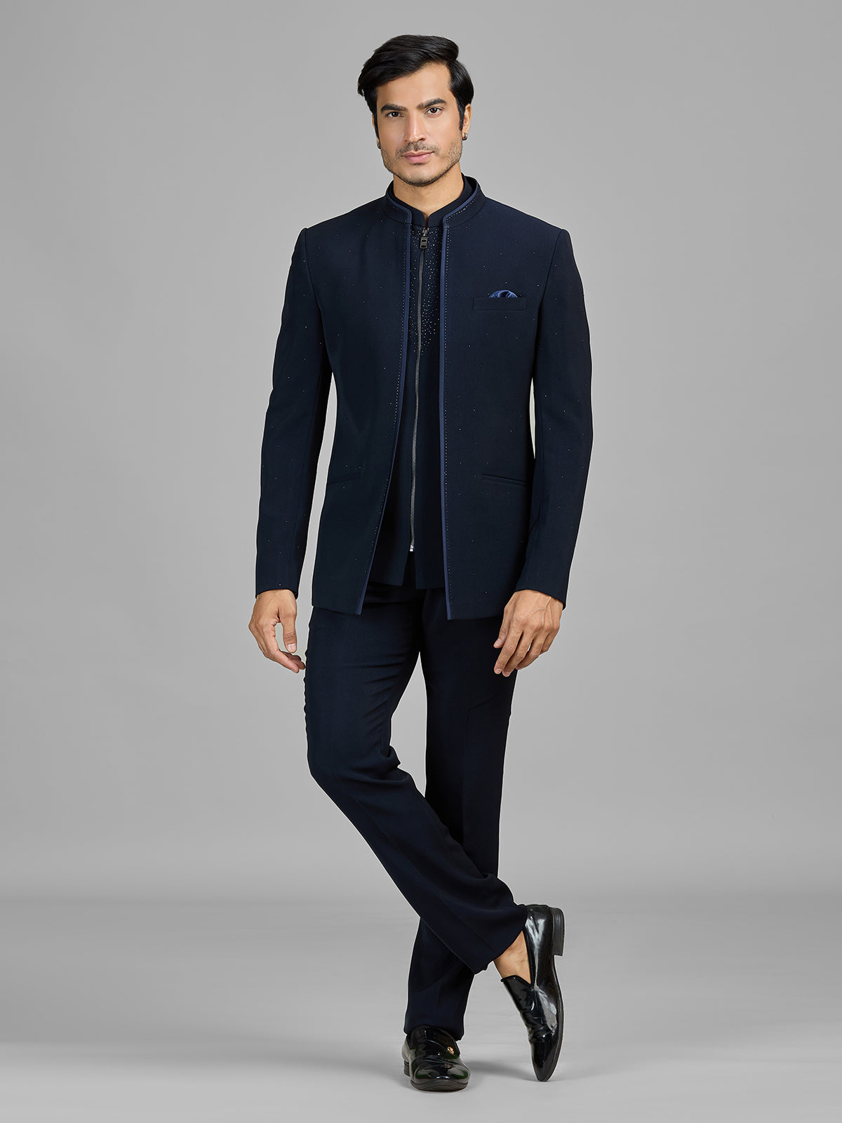 Navy jacket style jodhpuri suit in terry rayon
