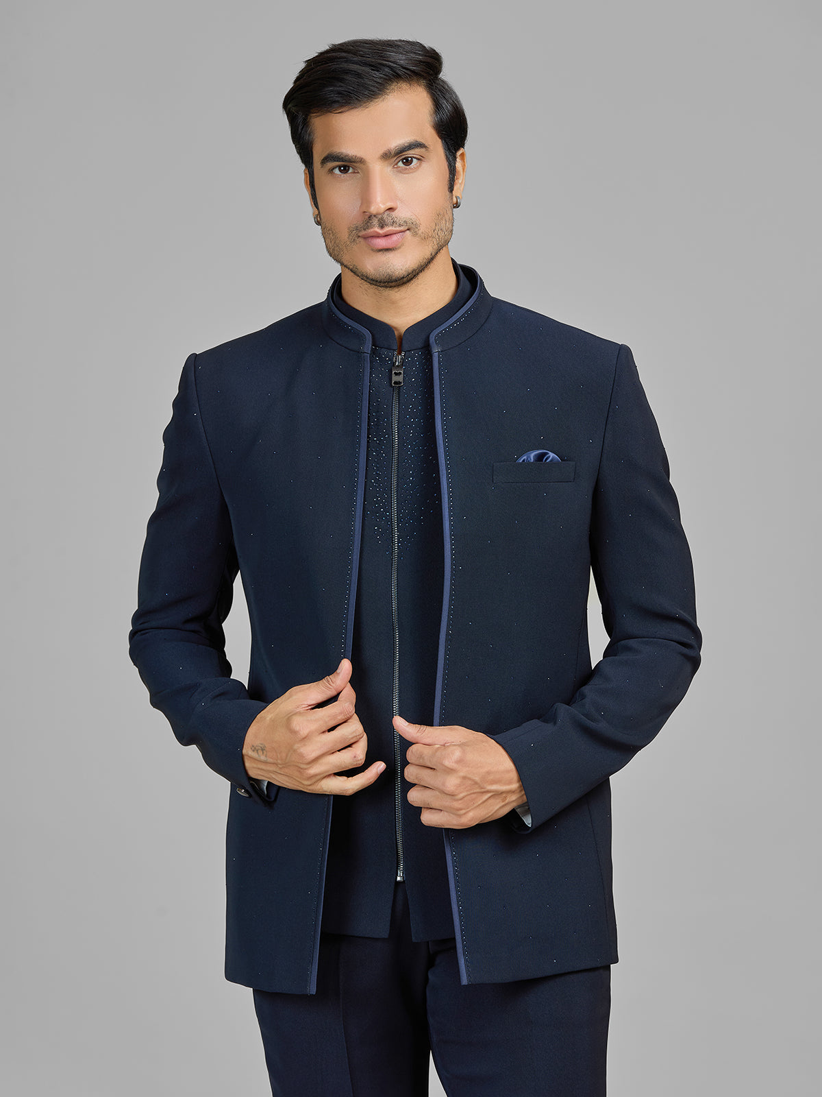 Navy jacket style jodhpuri suit in terry rayon