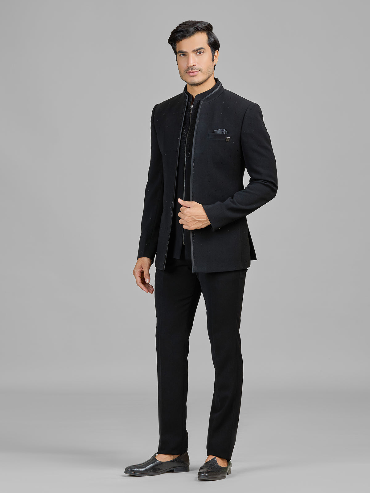 Black terry rayon jacket style jodhpuri suit