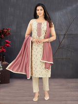 Cream silk embroidered work straight cut salwar suit