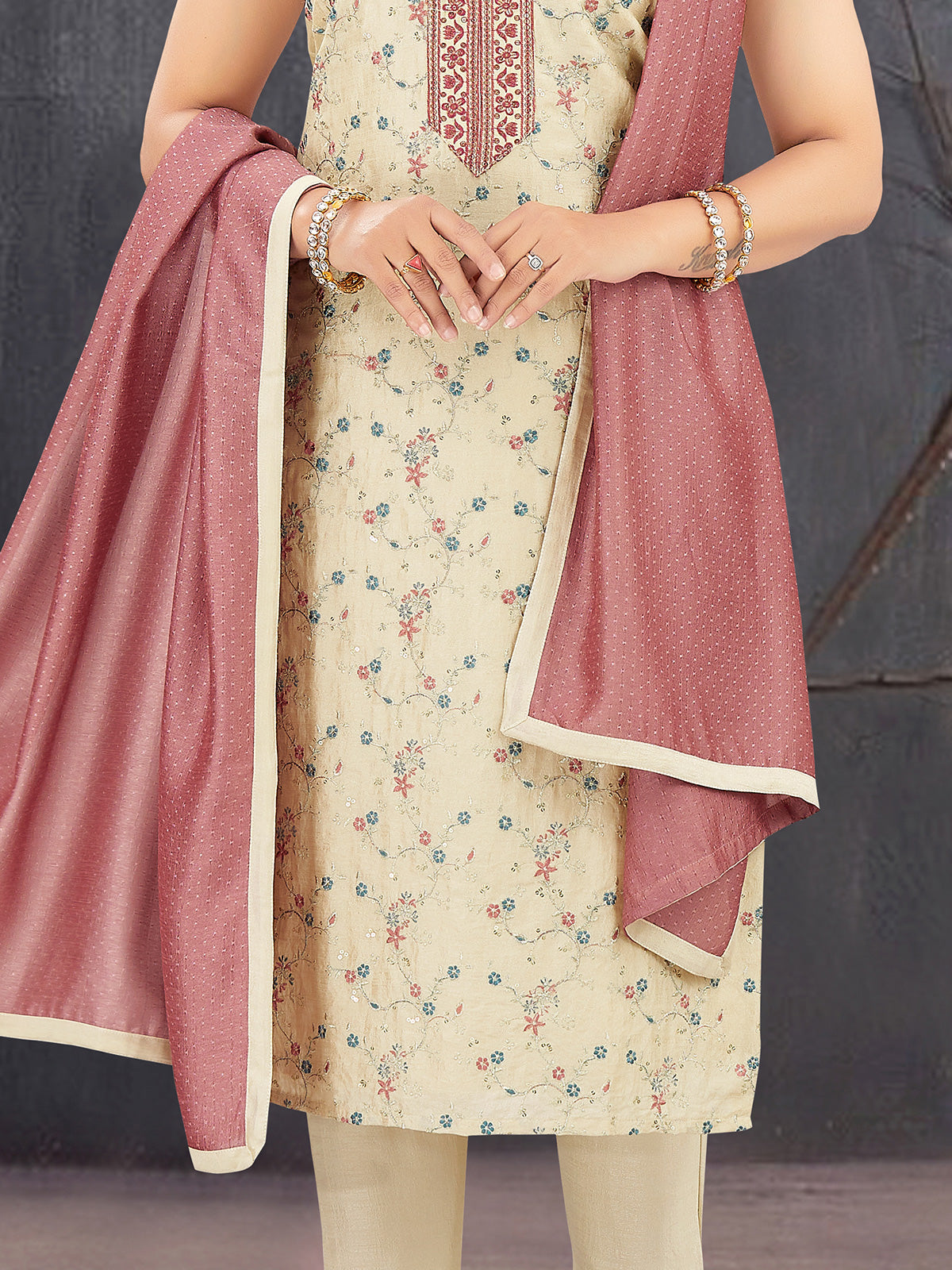 Cream silk embroidered work straight cut salwar suit