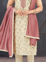 Cream silk embroidered work straight cut salwar suit