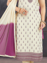 Cream silk sequins and embroidered straight salwar suit with dupatta