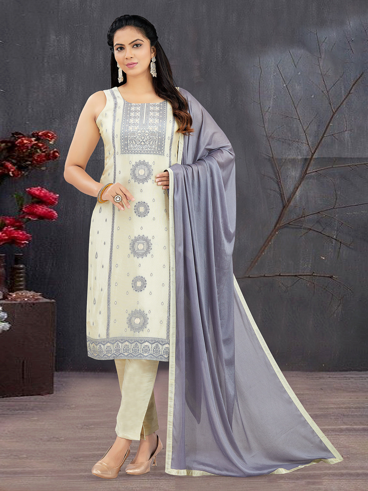 Cream dola silk stone and zari work festive salwar suit