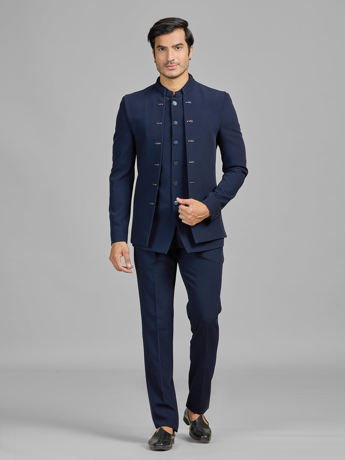 Navy terry rayon jodhpuri suit with standout jacket