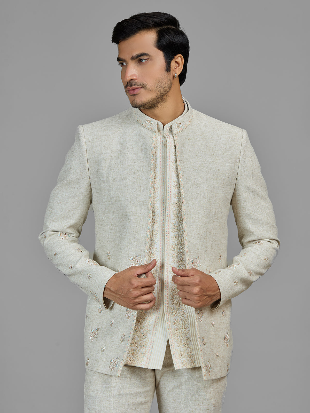 Cream wedding wear linen jodhpuri suit